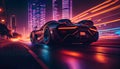 Fast supercar driving at high speed, with stunning neon lights city glowing in the background. Motion blur effect speed Royalty Free Stock Photo