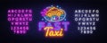 Fast Taxi neon sign vector. Taxi Service Design template neon sign, light banner, neon signboard, nightly bright