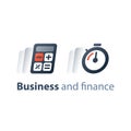 Quick solution, fast time, deadline clock, business and finance concept, stopwatch and calculator