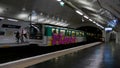 Fast train (blurred) painted with graffiti arriving at metro station Bercy.