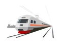 Fast train runs on the double track. Industrial area silhouette background. Simple flat illustration