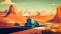 A fast truck driving down a long, open highway through a desert landscape.