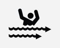 Fast Water Current Drown Icon. Rescue Arm Raise Danger Risk Arrow Flow Gush Sweep Safety Victim Clipart Symbol Sign Vector EPS