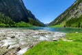 Fast water stream flow into mountain lake. Summer mountain landscape in the Alps, Austria, Tyrol