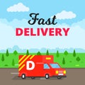 Fast white delivery vehicle car van and man character with box near mailbox flat style design vector illustration Royalty Free Stock Photo