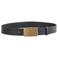 Fastened with fashionable men`s leather band with matte metal buckle insulated on white background. Black belt for men Royalty Free Stock Photo
