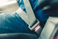 Fastened seat belt of the vehicle. Royalty Free Stock Photo