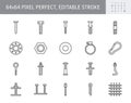 Fasteners line icons. Vector illustration include icon - clamp, plastic dowel, nail, pin, iron nut, fixture, bolt