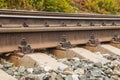 Fastening the rail to the sleeper with a bolt Royalty Free Stock Photo