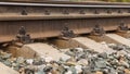 Fastening the rail to the sleeper with a bolt Royalty Free Stock Photo