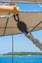 Fastening ropes sails on a sailing ship. Details of the ship