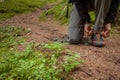 Fastening your mountain shoes inside a forest Royalty Free Stock Photo