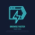 Faster browser neon thin line icon. Web page with flash. Modern vector illustration