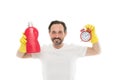 Faster. Easy and quickly. Save your time with this cleaning product. Man in rubber gloves hold bottle liquid soap