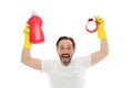 Faster. Instant effect. Easy and quickly. Save your time with this cleaning product. Man in rubber gloves hold bottle