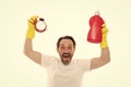Faster. Instant effect. Easy and quickly. Save your time with this cleaning product. Man in rubber gloves hold bottle