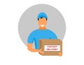 Fastest delivery, courier young man in blue uniform holding a box isolated on a white background. Shipping flat design. Vector ill Royalty Free Stock Photo