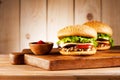 Burgers with meat turkey, cheese and vegetables Royalty Free Stock Photo