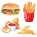 Fastfood clipart set, french fries, hamburger, chicken nuggets
