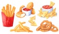 Fastfood clipart set, french fries, onion rings, nachos and red sause