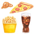 Fastfood clipart set, onion rings, pizza slice, popcorn bucket and cola