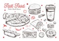 Fastfood dishes with drinks . Vector Hand drawn Isolated vector objects. Hamburger, pizza, hot dog