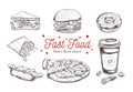 Fastfood dishes with drinks . Vector Hand drawn Isolated vector objects. Hamburger, pizza, hot dog