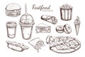 Fastfood dishes with drinks . Vector Hand drawn Isolated vector objects. Royalty Free Stock Photo