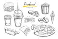 Fastfood dishes with drinks . Vector Hand drawn Isolated vector objects. Hamburger, pizza, hot dog, cheeseburger, coffee and soda