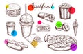 Fastfood dishes with drinks . Vector Hand drawn Isolated vector objects.