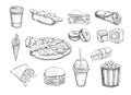 Fastfood dishes with drinks . Vector Hand drawn Isolated vector objects. Royalty Free Stock Photo