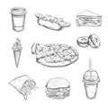 Fastfood dishes with drinks . Vector Hand drawn Isolated vector objects. Hamburger, pizza, hot dog, cheeseburger, coffee