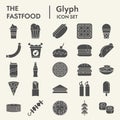 Fastfood glyph icon set, snack symbols collection, vector sketches, logo illustrations, eat signs solid pictograms