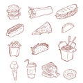 Fastfood icon set. Hand drawn sketch illustration of street food