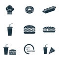 Fastfood icons set. Burger icon, Hot Dog icon, Drink with a straw icon and more. Premium quality symbol collection