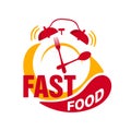 Fastfood logo - red alarm clock, spoon and fork