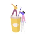 Fastfood with Man and Woman Character at Big Soda Glass with Straw and Ladder Vector Illustration