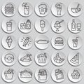 Fastfood outline icons set on plates background for graphic and web design, Modern simple vector sign. Internet concept. Trendy