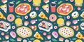 Fastfood pattern with doodle food illustrations. Seamless vector background, italianpizza, sushi rolls,burgers and