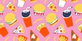 Fastfood pattern with modern doodle food illustrations. Seamless vector background, cola drink with straw, french fries