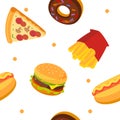 Fastfood Pattern. Pizza, Donut, French Fried, Hot Dog, Burger.