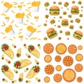 Fastfood restaurant colorful frame black background poster burger pizza sandwich hotdog illustration