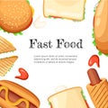 Fastfood restaurant colorful frame black background poster with popcorn mustard saus hotdogs and ice-cream illustration Web Royalty Free Stock Photo