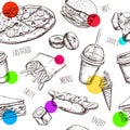 Fastfood seamless pattern. Hand drawn Isolated vector objects. Hamburger, pizza, hot dog, cheeseburger, coffee , ice