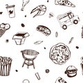 Fastfood seamless pattern. Menu background. Vector Illustration with nice food doodles on white.