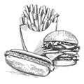 Fastfood set, French fries , hot dog, hamburger logo hand drawn vector illustration realistic sketch