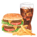 Fastfood set, hamburger, french fies, cola, hand drawn watercolor illustration