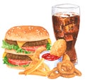 Fastfood set, hamburger, nachos, onion rings, french fies, cola, chicken nuggets Royalty Free Stock Photo