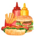 Fastfood set, hot dog, ketchup, mustard, hamburger, french fies Royalty Free Stock Photo