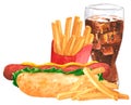 Fastfood set, hot dog, mustard, ketchup, french fies,cola Royalty Free Stock Photo